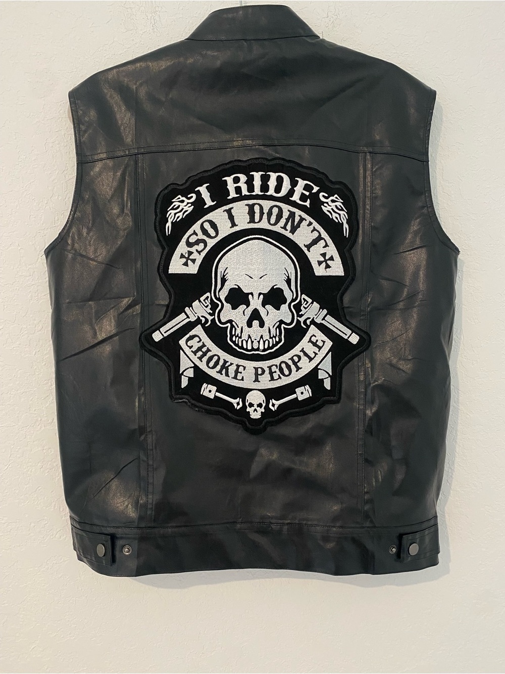 Black Pu Leather Vest with Large Skull Patch
